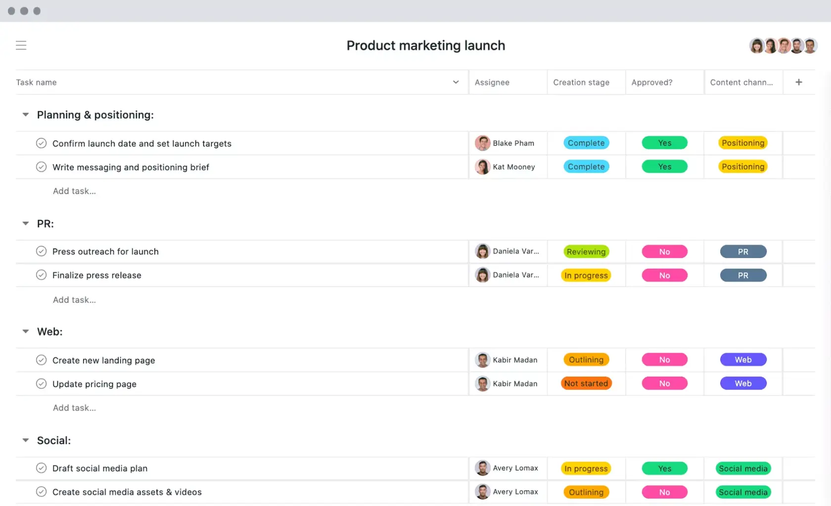 [Lijstweergave] Productmarketing-lanceringsproject in Asana, spreadsheet-stijl weergave met projectdeliverables