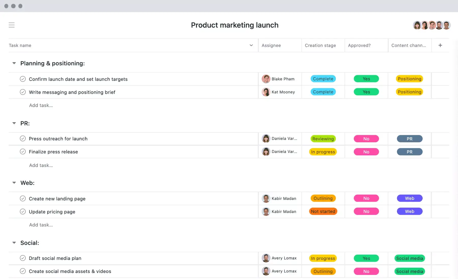 [Produkt-UI] Launch-Projekt für Produktmarketing in Asana, tabellenartige Ansicht mit Projektergebnissen (Listen)