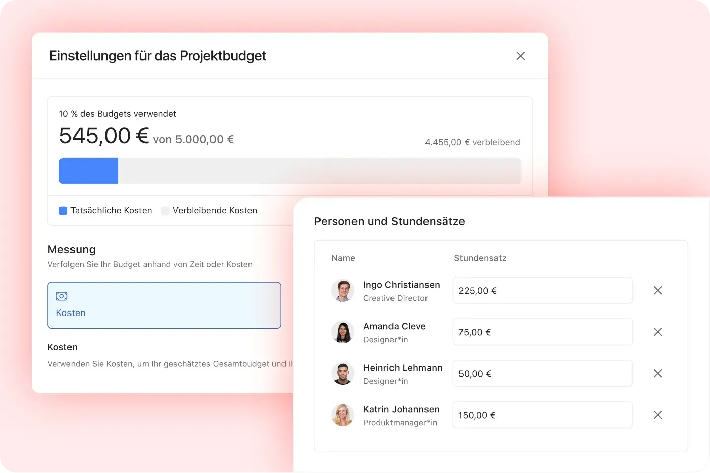 Produkt-UI, die die Gesamtausgaben für das Projektbudget und die verbleibenden Ausgaben basierend auf den gemeldeten Stunden aller Personen, die das Projekt unterstützen, und ihren zugehörigen Stundensätzen anzeigt. 