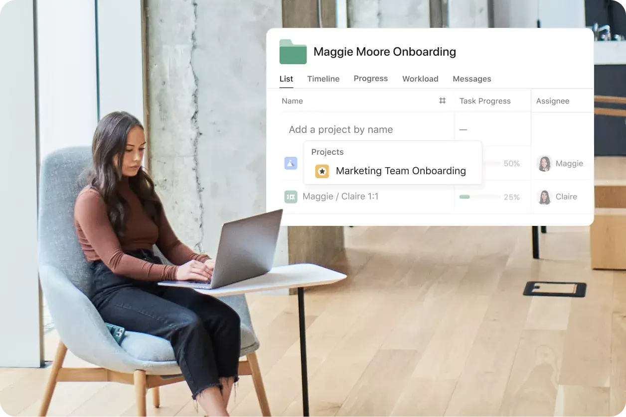 Asana 제품 UI에서 온보딩 프로젝트를 담당하는 직원 