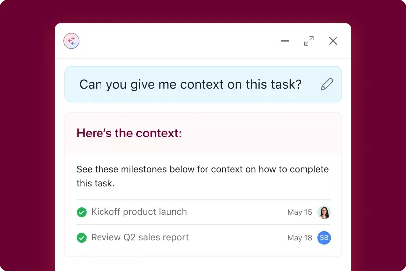 Product UI showing Asana AI teammate functionality providing related tasks to provide context for a new ask they've been tagged into