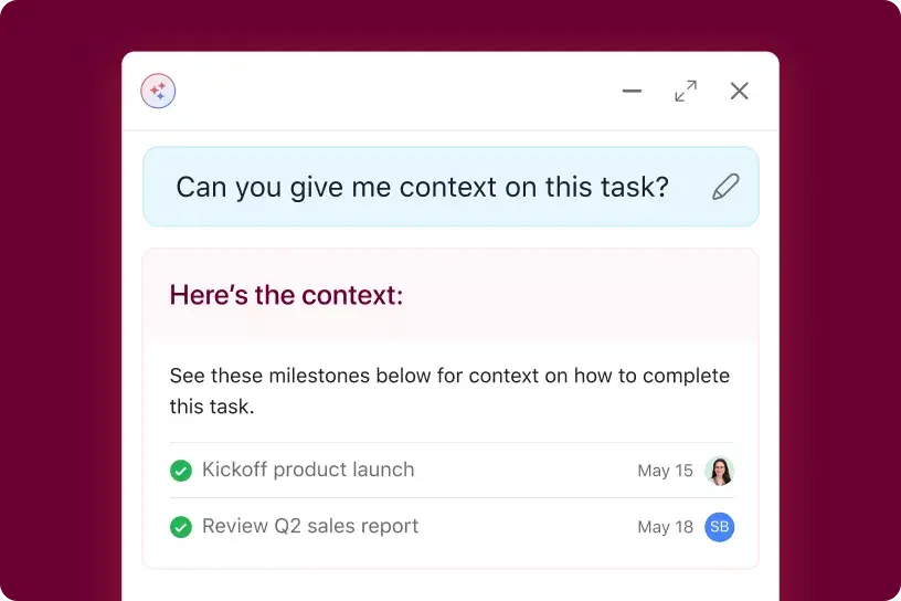 Interface de usuário do produto mostrando a funcionalidade de assistente de IA da Asana fornecendo tarefas relacionadas para dar contexto a uma nova solicitação na qual o usuário foi mencionado