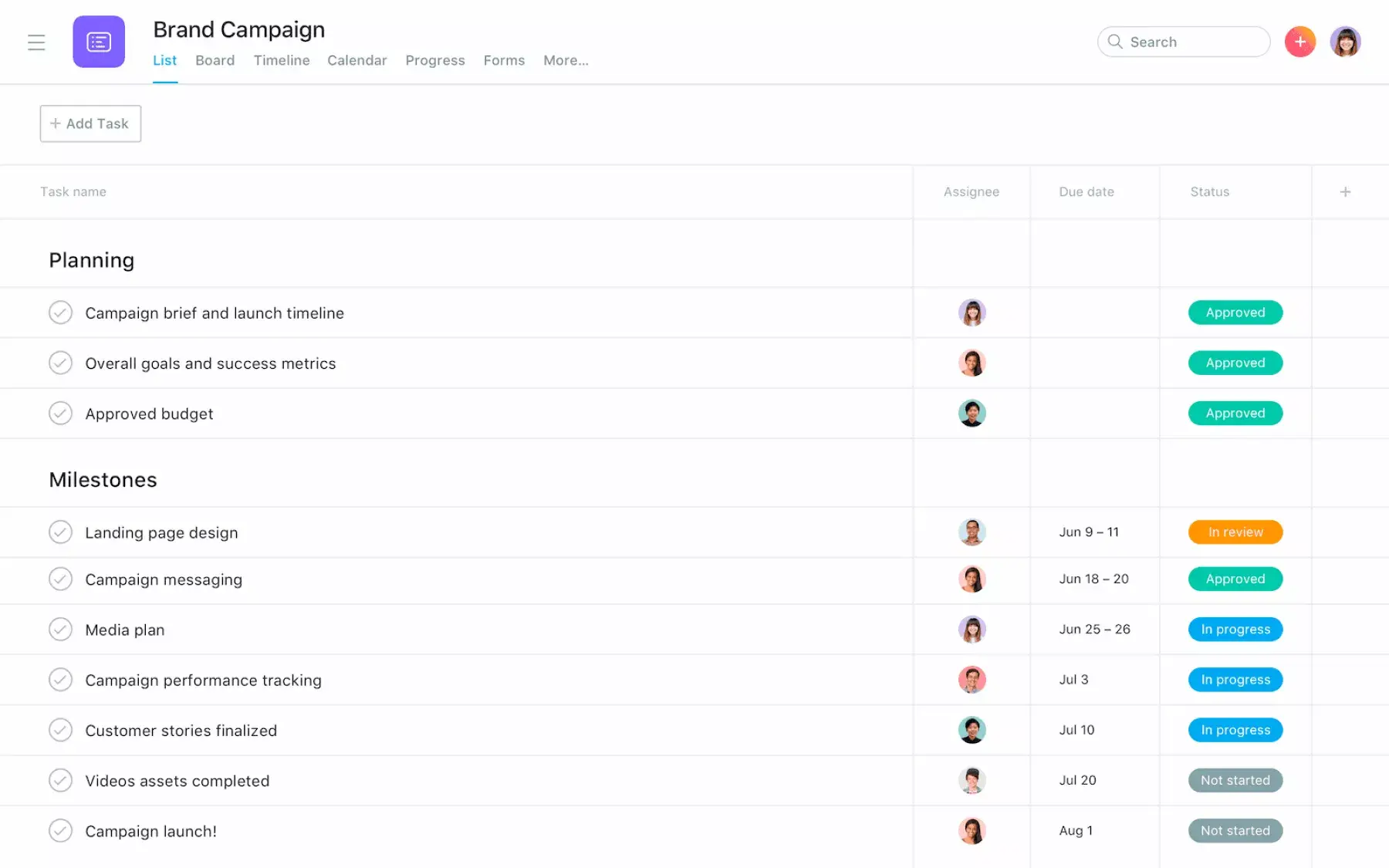 [Lijstweergave] Merkcampagneproject in Asana, lijst in spreadsheet-stijl