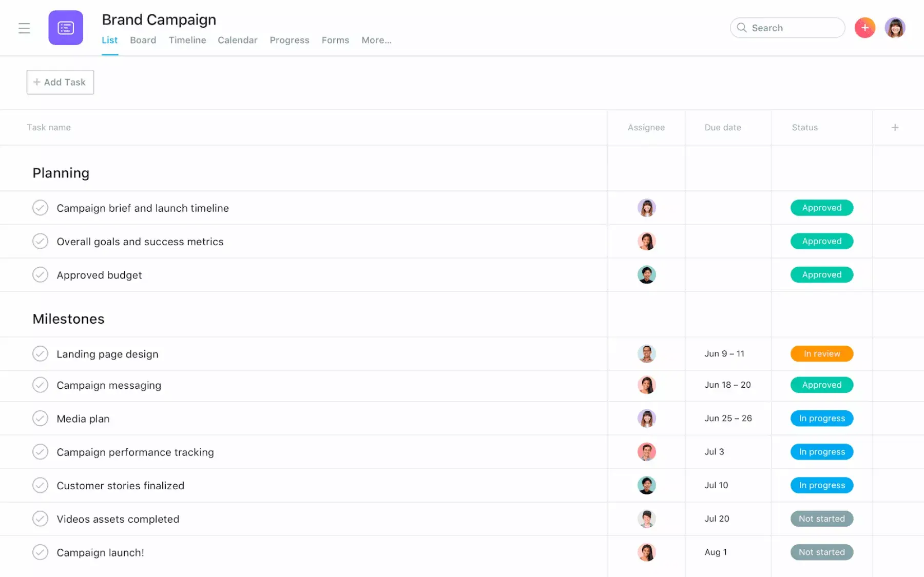 [Product UI] Brand campaign project plan in Asana, spreadsheet-style list (Lists)