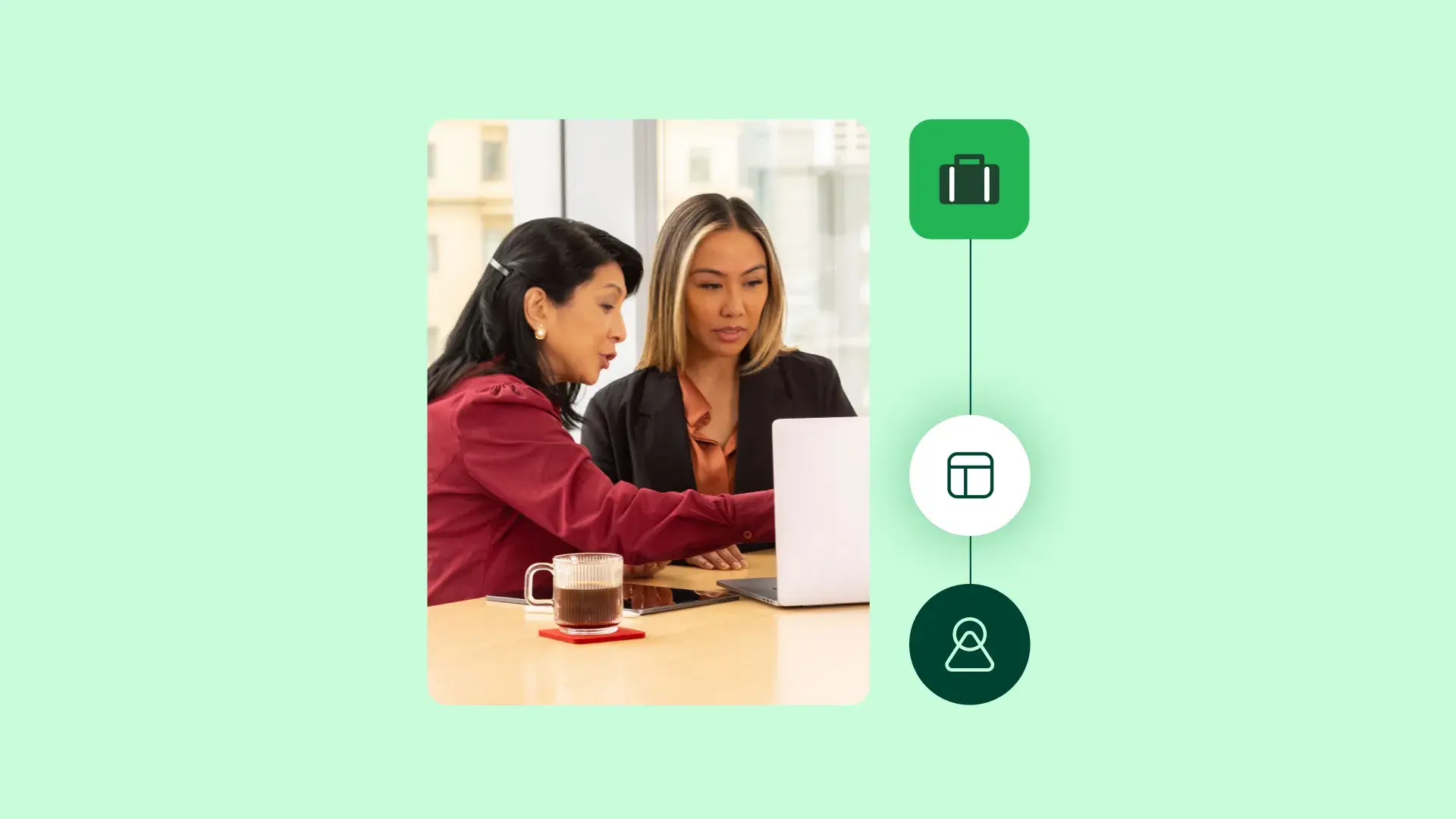 Header image for a blog on how Asana uses work management for digital roadmapping. Shows two professionals in a work environment and abstracted Asana product UI housing an FY25 digital roadmap 