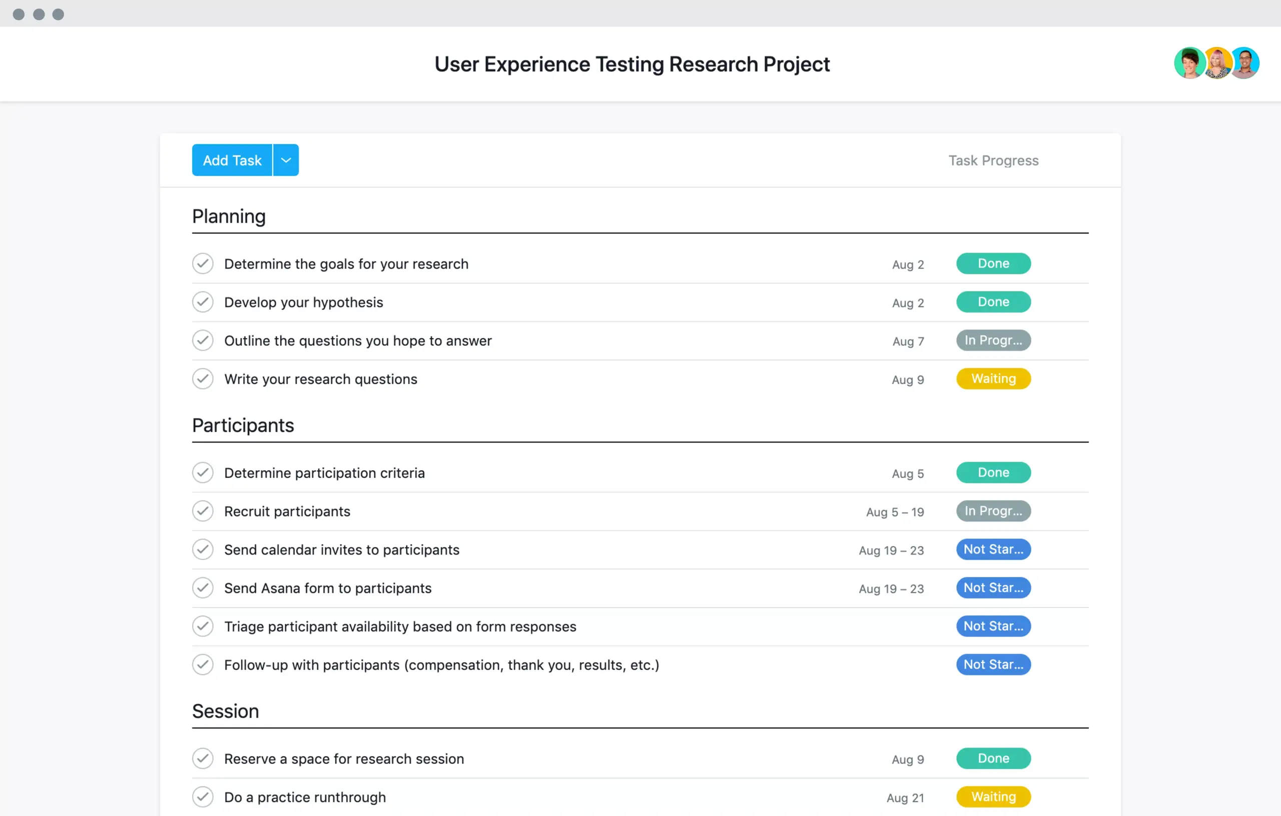 [Interfaz de usuario del producto anterior] Plantilla de pruebas sobre la facilidad de uso en Asana, en una vista de proyecto al estilo de una hoja de cálculo (lista)