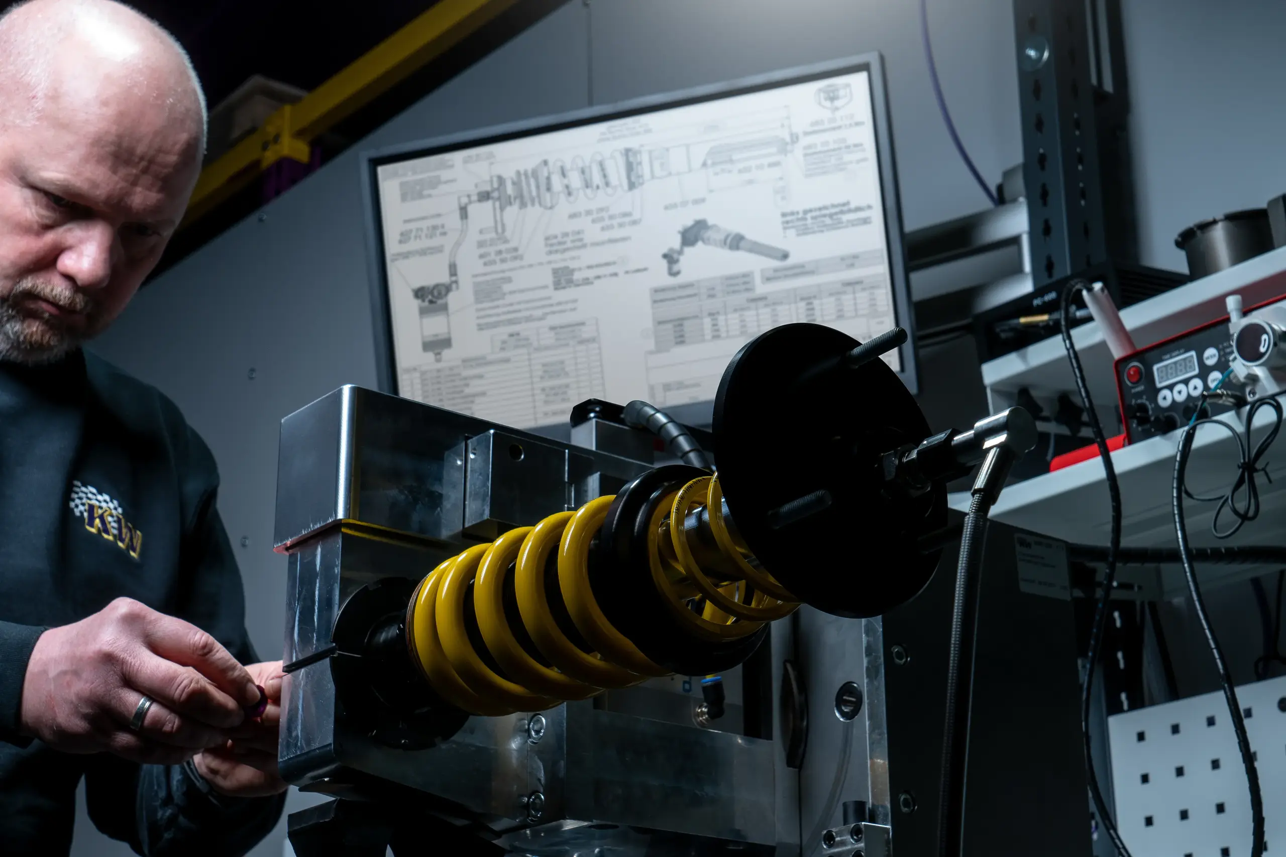 A technician at the KW Automotive facility powder-coating high-performance coilover springs. The worker applies the signature KW yellow finish using a specialized spray gun, a key step for durability and corrosion resistance.