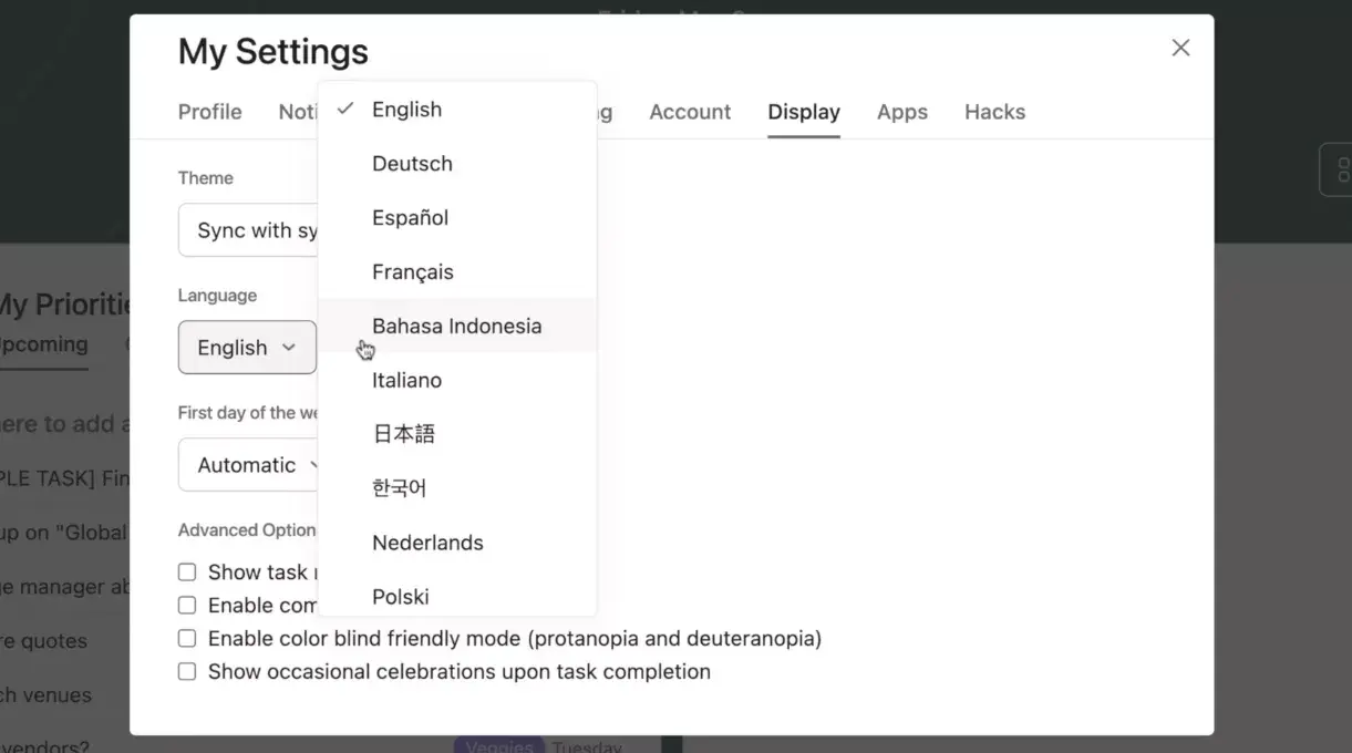 Asana settings screenshot