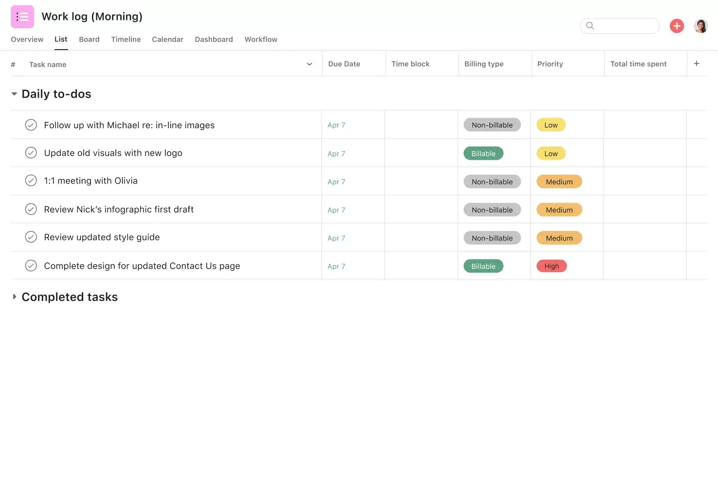 [Interfaccia utente del prodotto] Modello di registro del lavoro non completato su Asana (vista Elenco)