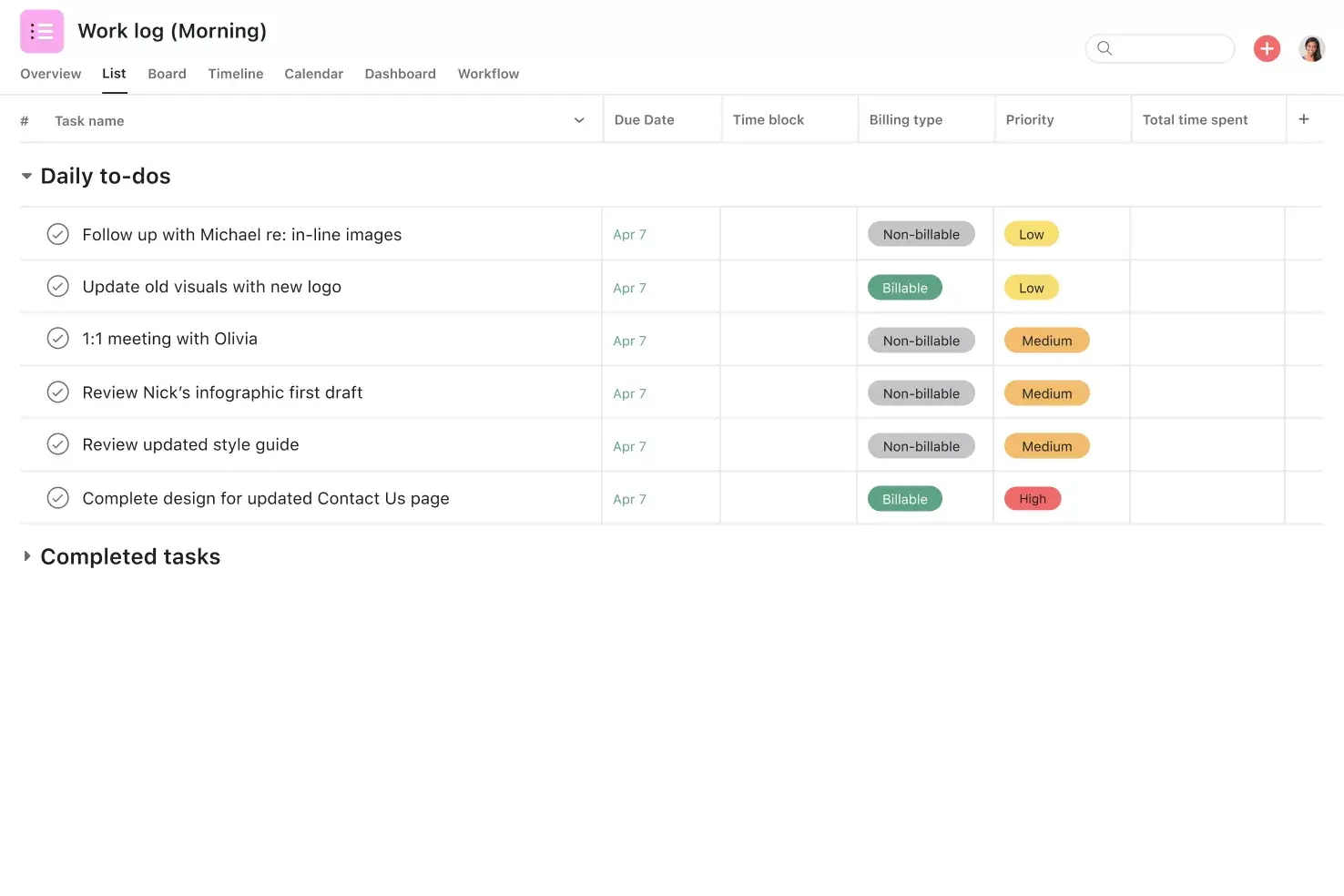 [Product ui] Incomplete work log template in Asana (list view)