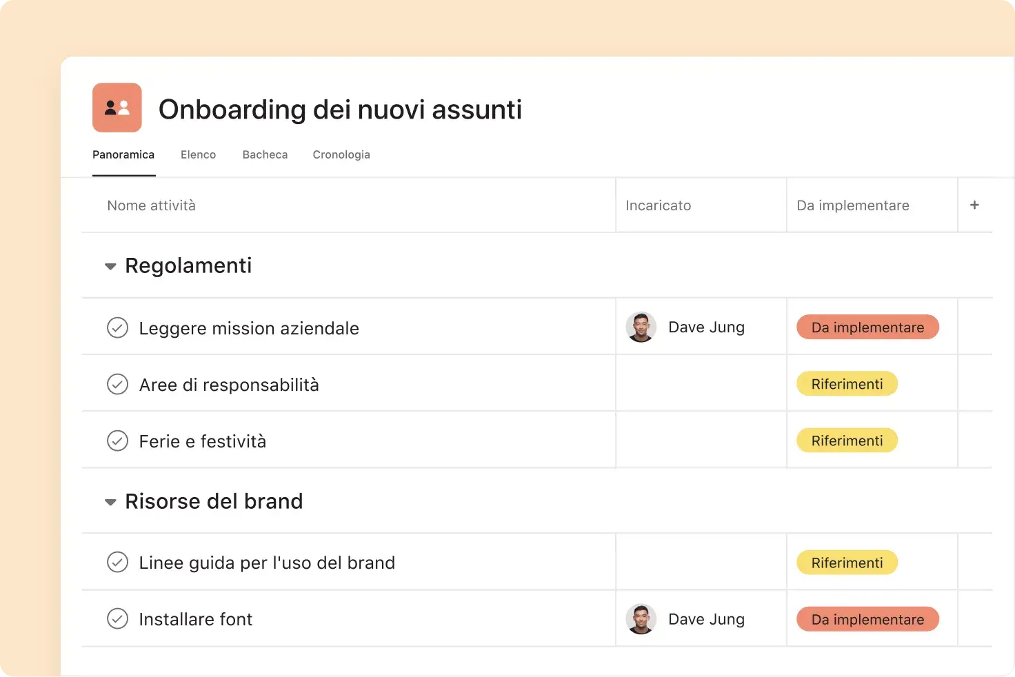 gestisci l'onboarding dei dipendenti su Asana