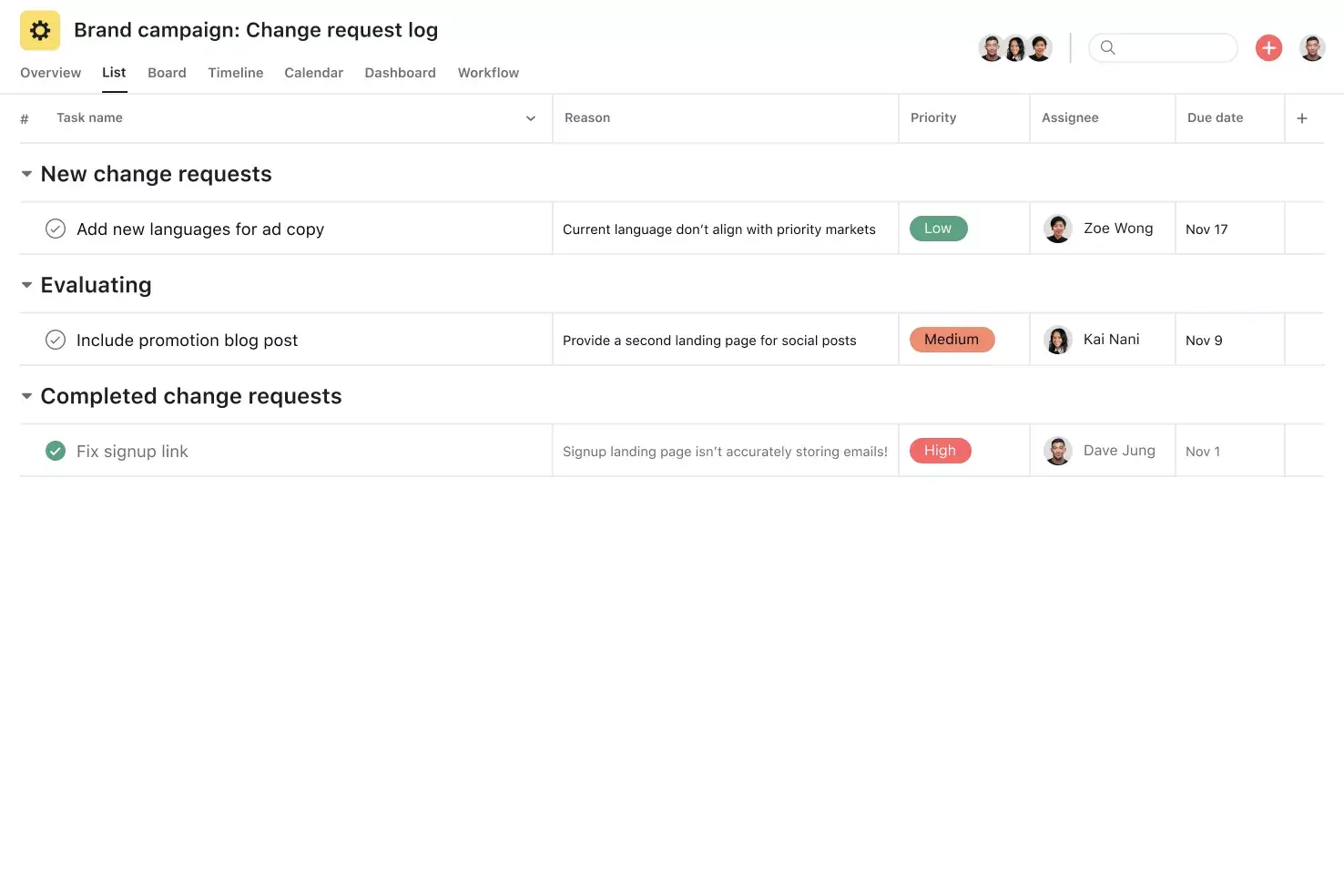 [product ui] Empty change request log template in Asana, spreadsheet-style project view (List)