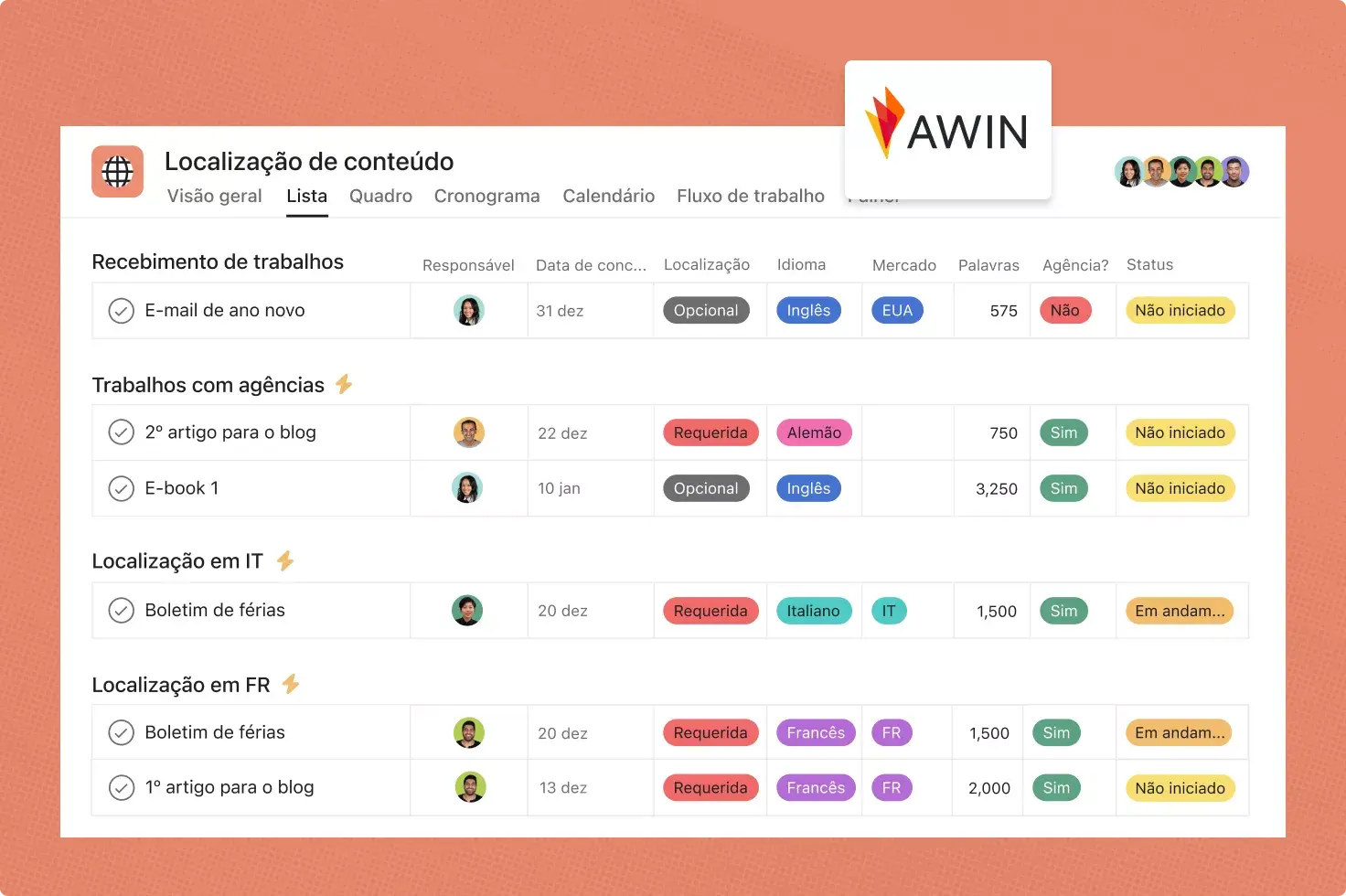 A Awin usa a Asana nos seus fluxos de trabalho automatizados para localização de conteúdo