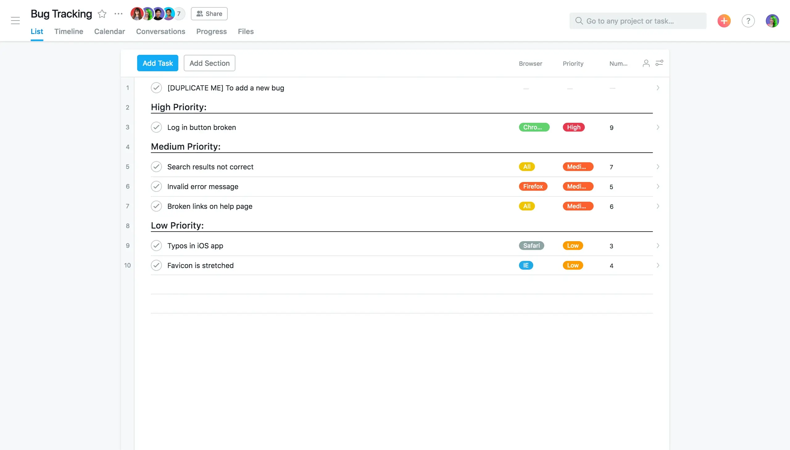 Bug tracking template in Asana