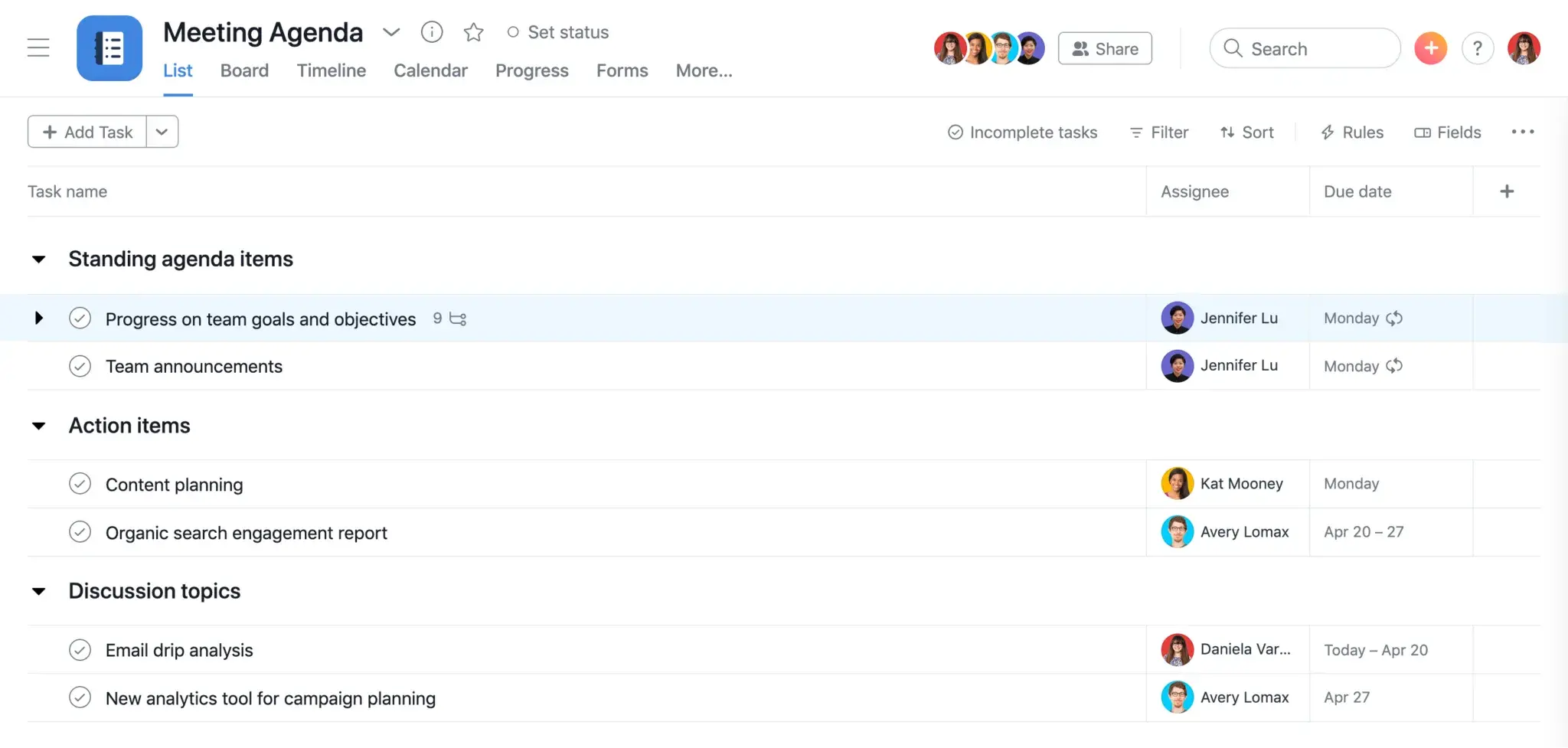 Product UI: Meeting agenda in Asana 