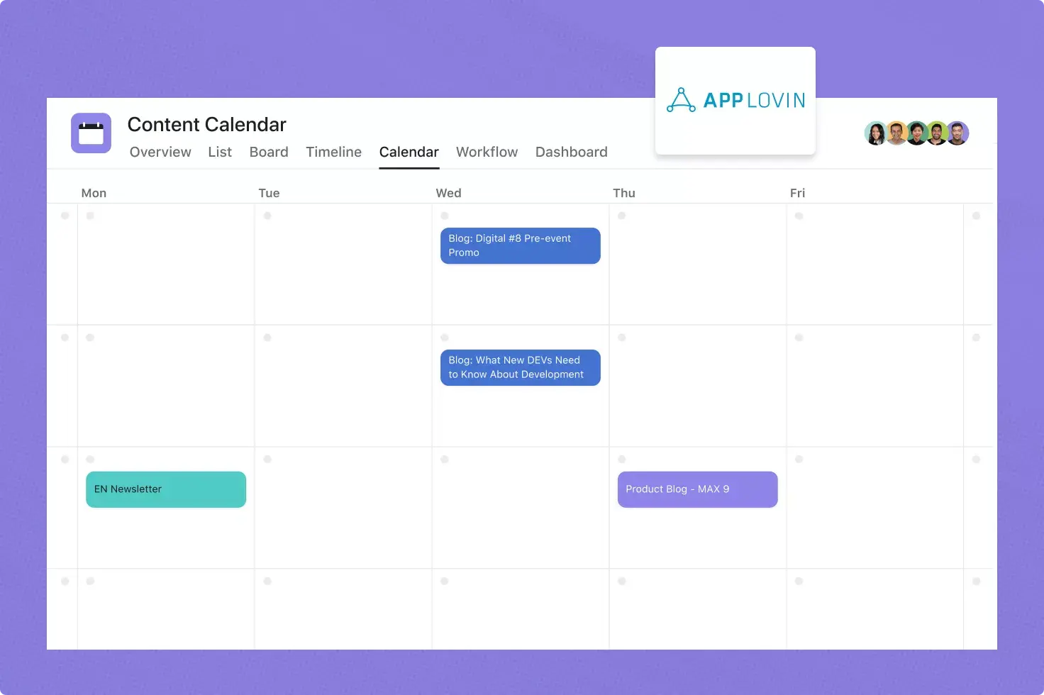 Schermata del modello di calendario dei contenuti di AppLovin